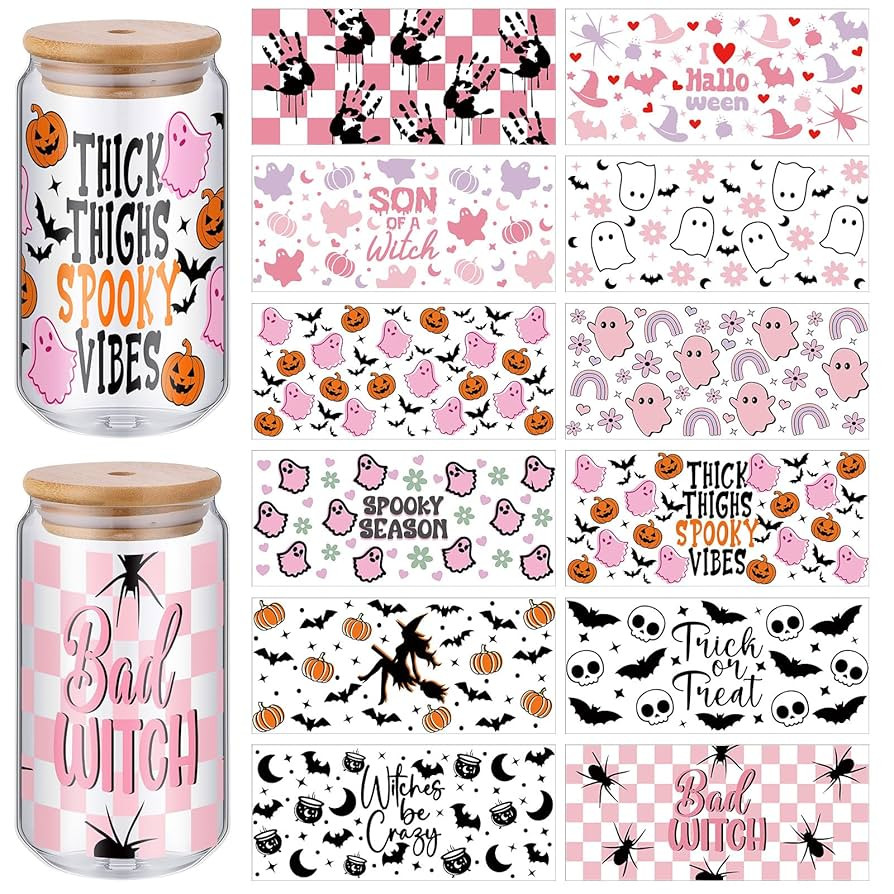 ReliThick 12 Sheets of Halloween Pink UV Dtf Cup Wrap Transfer Sticker for Glass Halloween Rub on... | Amazon (US)