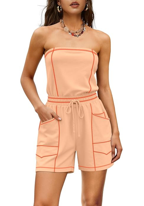Amazon.com: LAMISSCHE Womens Casual Strapless Jumpsuits off the Shoulder Summer Rompers Sleeveles... | Amazon (US)