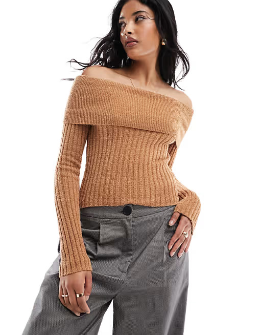 ASOS DESIGN knitted off shoulder bardot jumper in teddy yarn in tan | ASOS (Global)