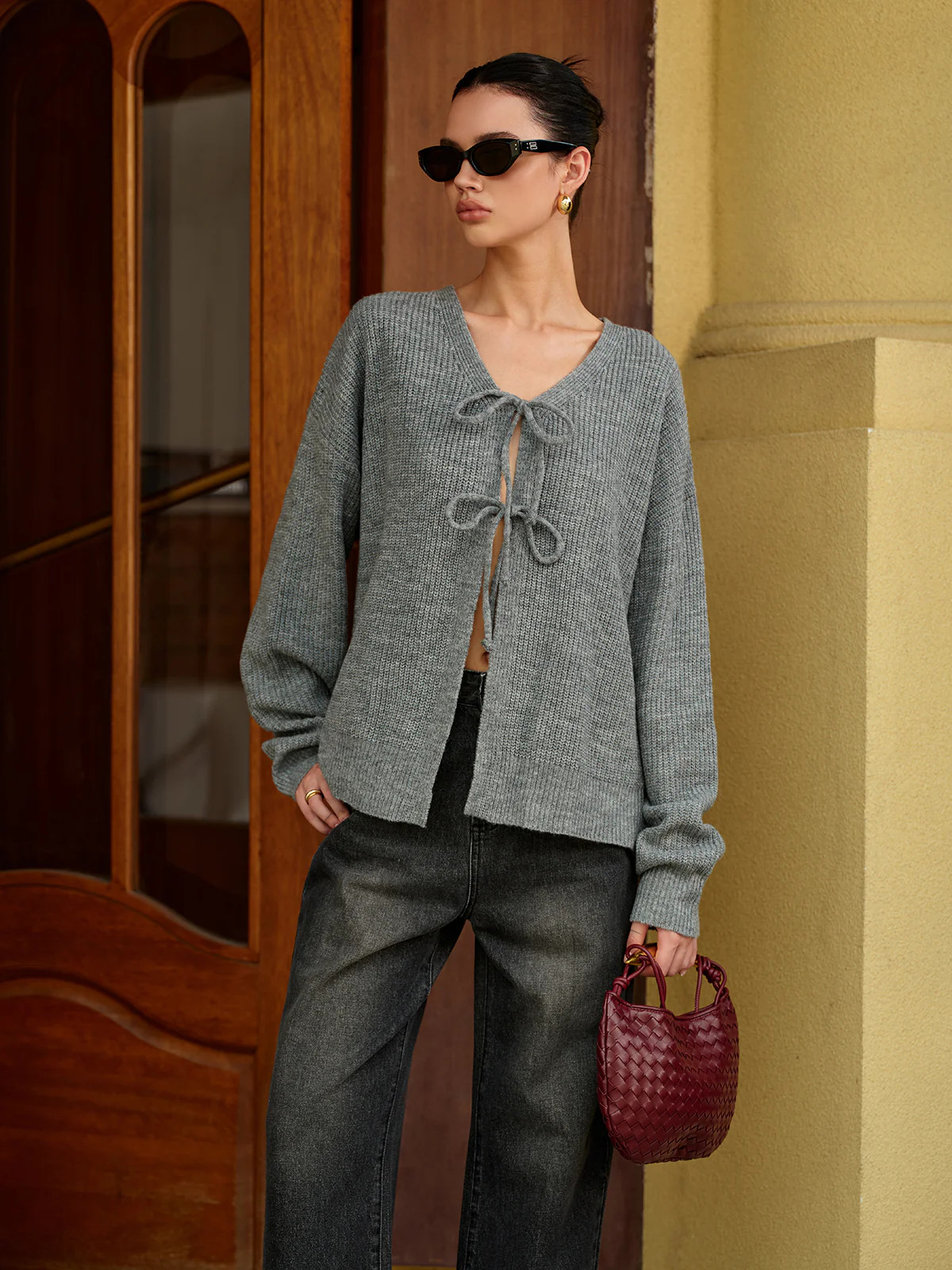 Wool-Blend V-Neck Tie Front Cardigan | Commense