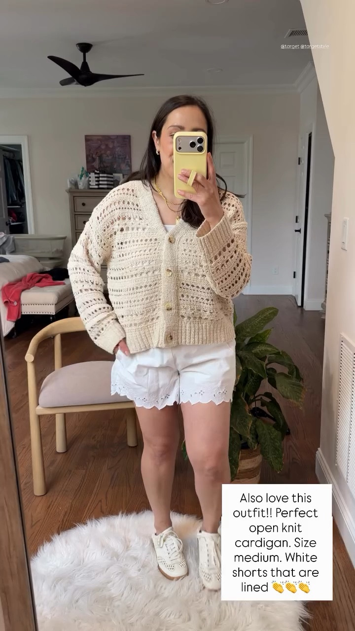 Also love this outfit!! Perfect open knit cardigan. Size medium. White shorts that are lined 👏👏👏 @target @targetstyle