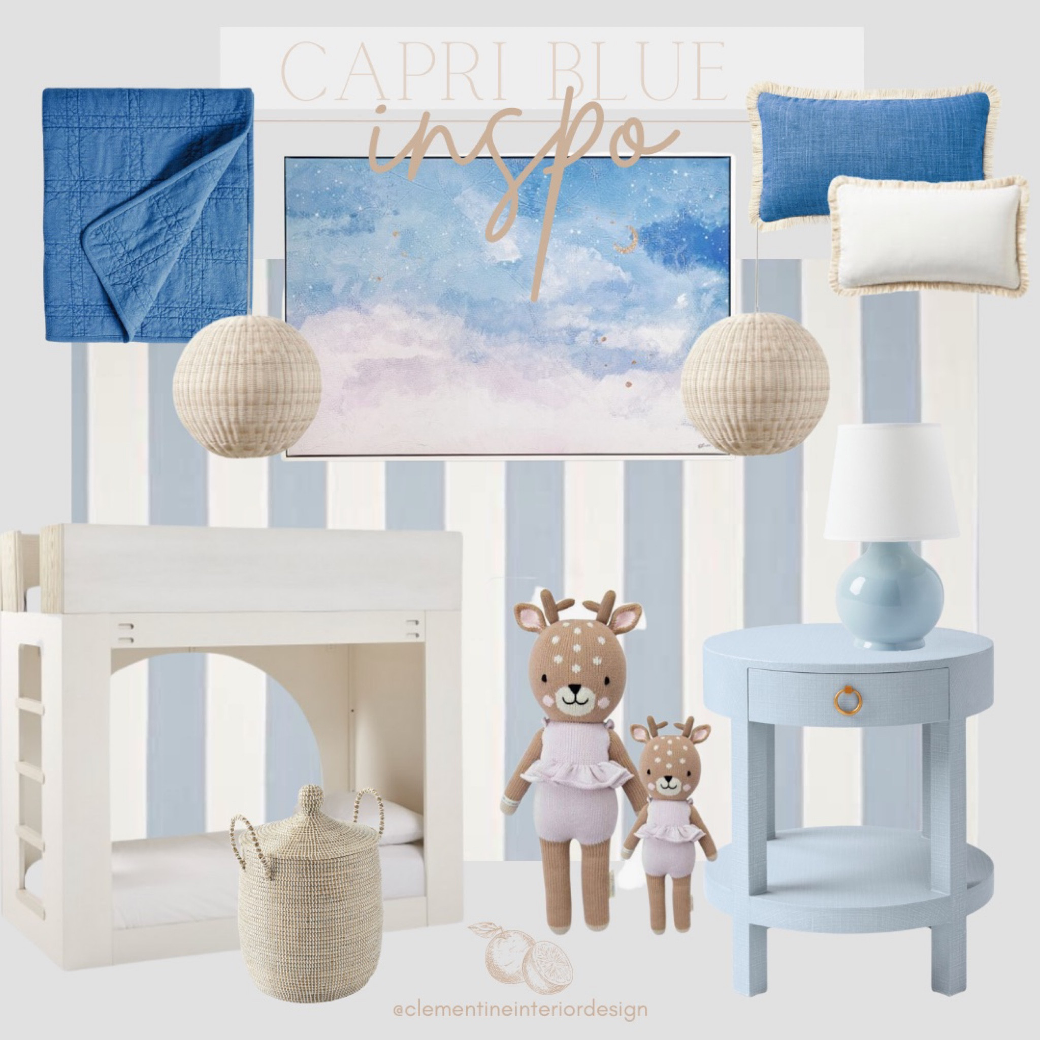 Blue skies and sandy shores room design🤍

Montauk rug, cuddle and kind, capri blue blanket, bunk bed, woven basket, blue and white decor, pendant light, throw pillows, nightstand

#LTKkids #LTKhome #LTKbaby