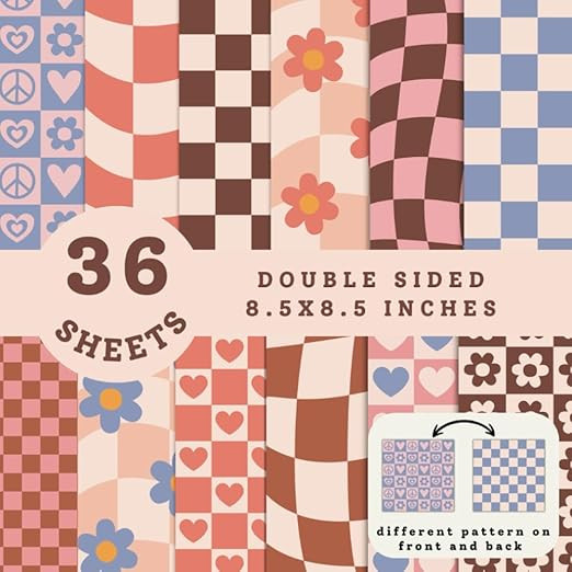 Boho Retro Checkerboard Scrapbook Paper Double Sided 8.5x8.5 inch: Groovy Wavy Floral Designs, 36... | Amazon (US)