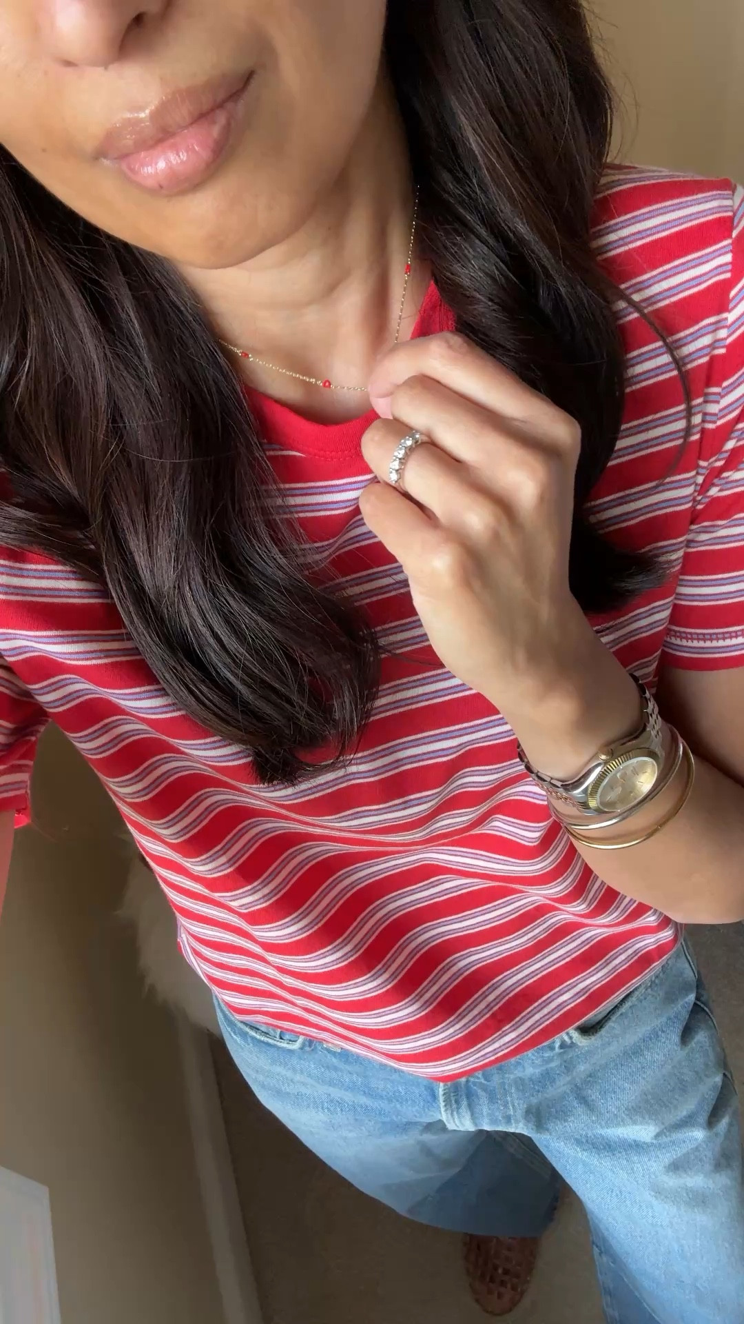 Spring outfits 2026
What I wore today: t-shirt & jeans 
- I am in a t-shirt most days and I needed to add some color and stripes for variety. These lightweight tees are all cotton. Multiple colors and stripe patterns are available. I size up for a more relaxed fit. Currently on sale for $15 each when you buy 3+. 
- Relaxed jeans with a slight barrel cut. 
Exact designer jeans are true to size. Linking similar options. (I have the Madewell jeans too and the style is similar.)
- Jelly mules are comfy out of the box. This color is like a nude blush. Also comes in clear. True to size; look for less at $35. 
- Delicate gold necklace with a pop of color. Linking options. 
- Everyday bangle bracelets. 
- Trendy sunglasses. 


#LTKOver40