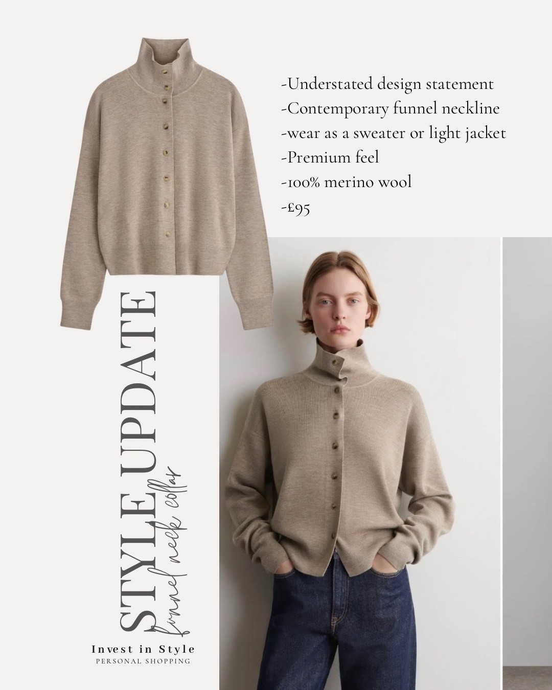 So many funnel necklines around just now and this is lovely way to do it as it offers flex , wear up /down buttoned up , open as a light jacket 
100% merino wool 


#LTKFashionMonth #LTKstyletip #LTKworkwear