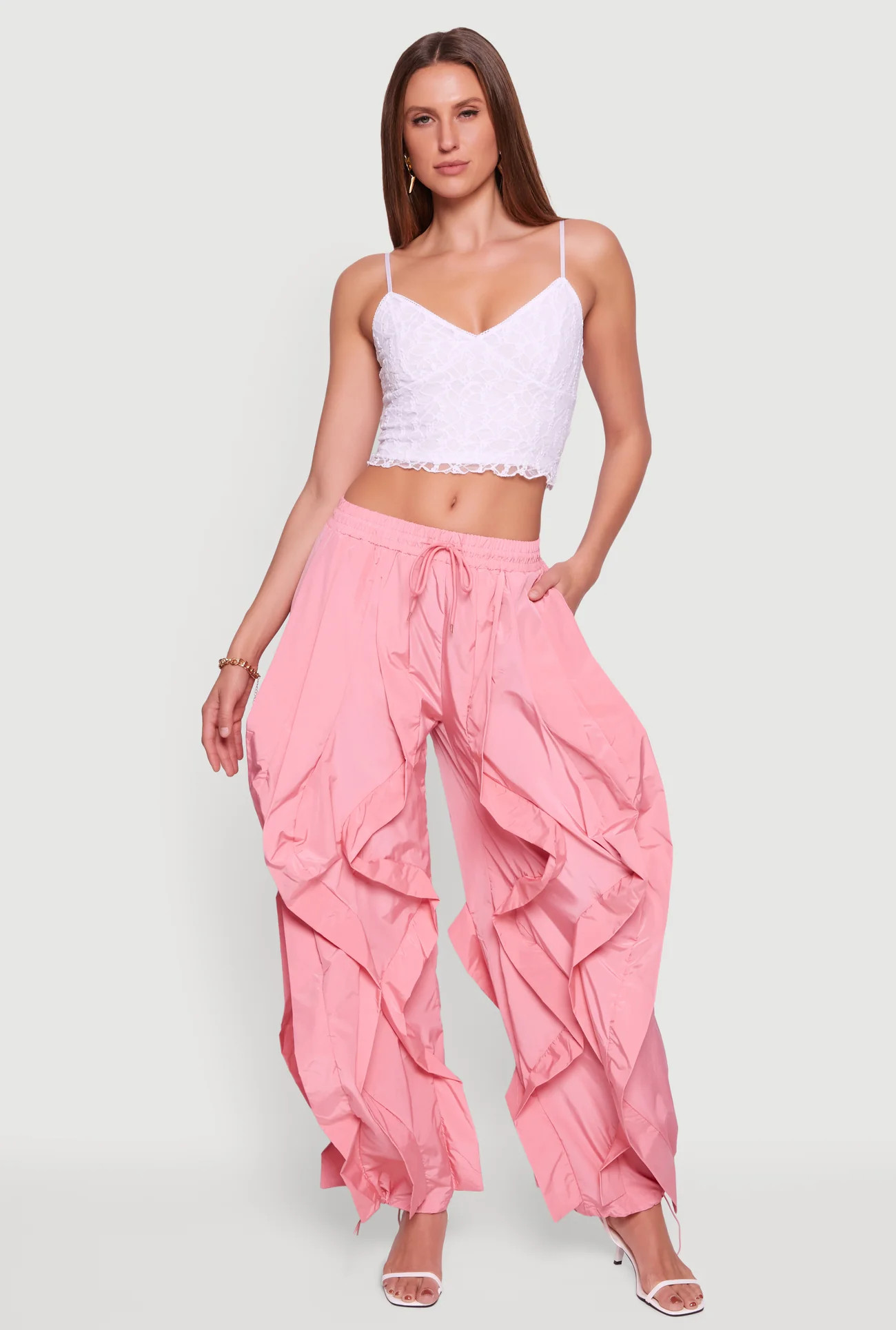 Drawstring Waist Ruffle Parachute Pants | Rainbow Shops