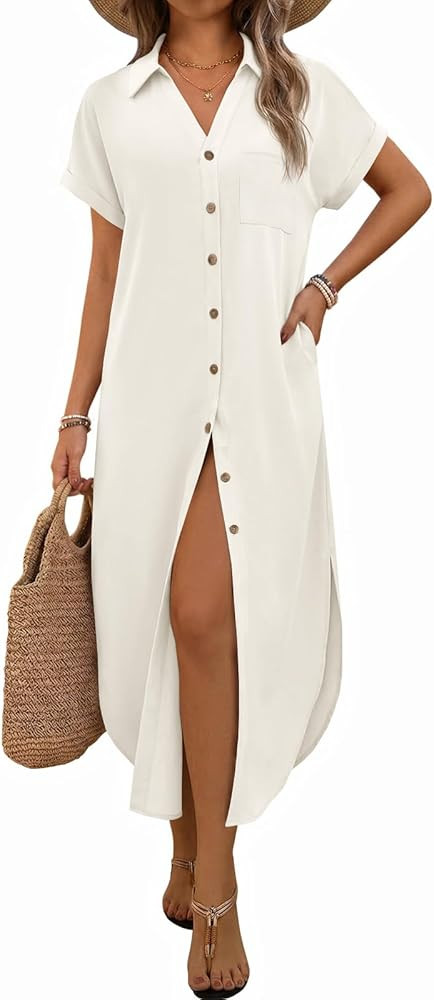 Yousify Summer Dresses for Women 2026 Casual Short Sleeve Button Down Maxi Dress Beach Cover Ups ... | Amazon (US)