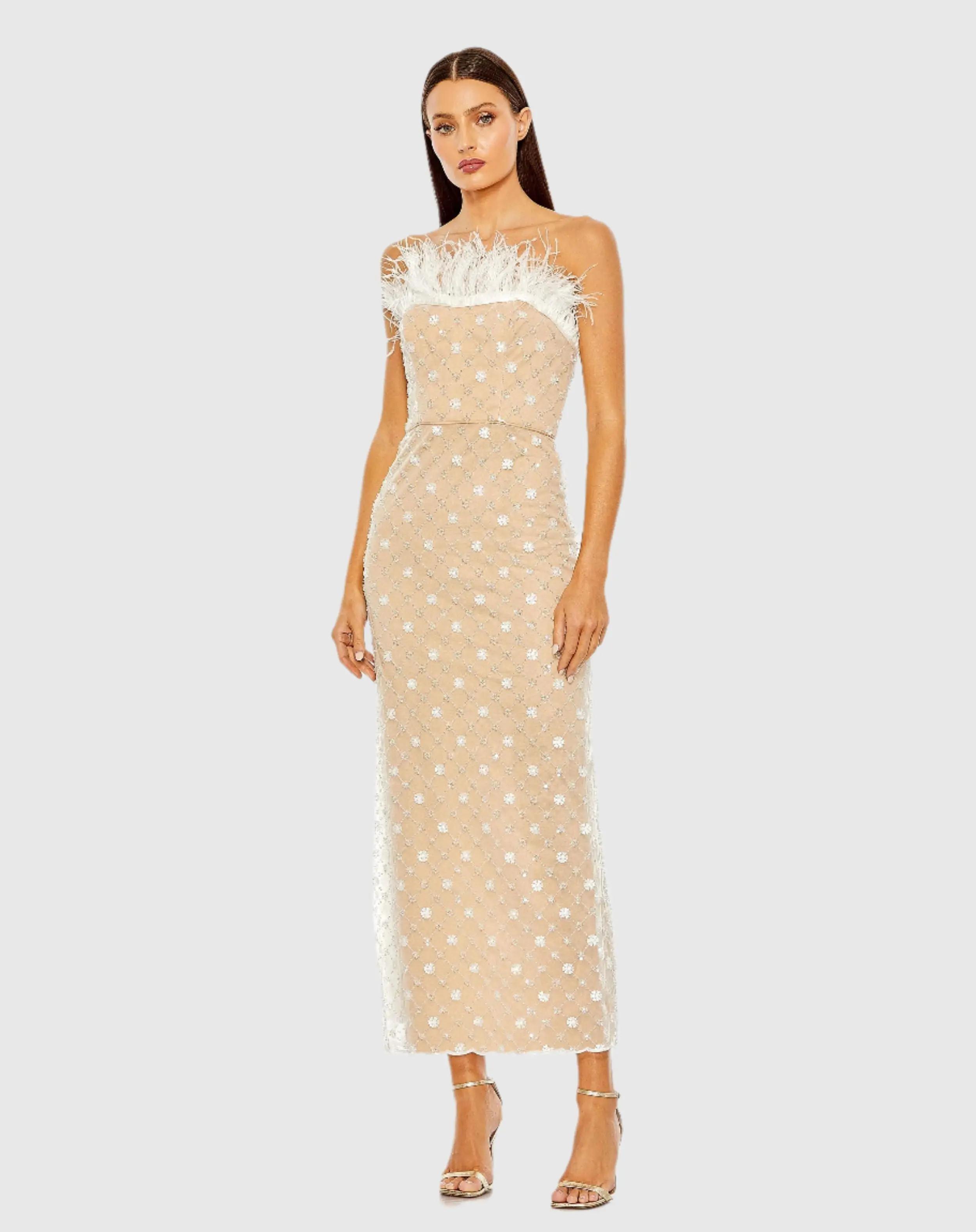Beige Embellished Feather Strapless Column Dress | Mac Duggal | Mac Duggal