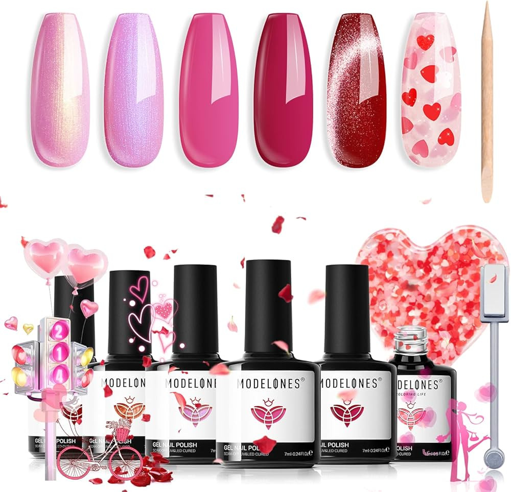 modelones Gel Nail Polish Set, 6 Colors 2026 Valentine's Day Pitaya Hot Pink Red Cat Eye Gel Poli... | Amazon (US)