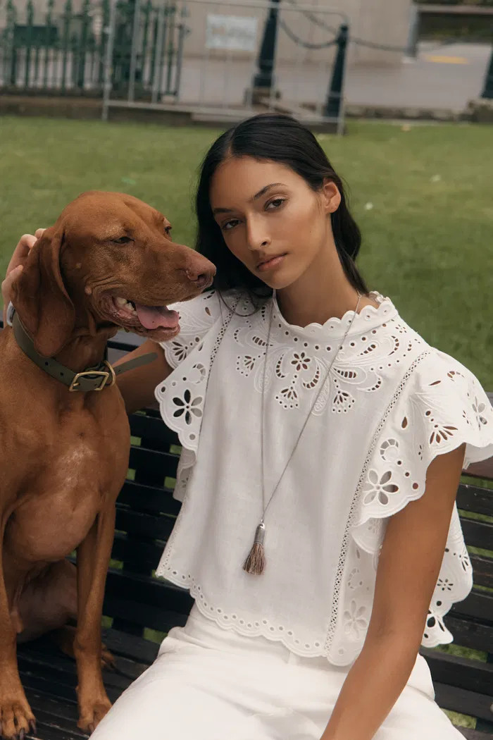 Lilou French Cutwork Embroidery Ruffle-Sleeve Top in Cotton & Linen | Fabrique