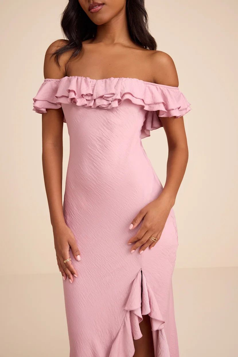 Eloisa Lilac Satin Off-the-Shoulder Maxi Dress | pink wedding guest dress  | Lulus
