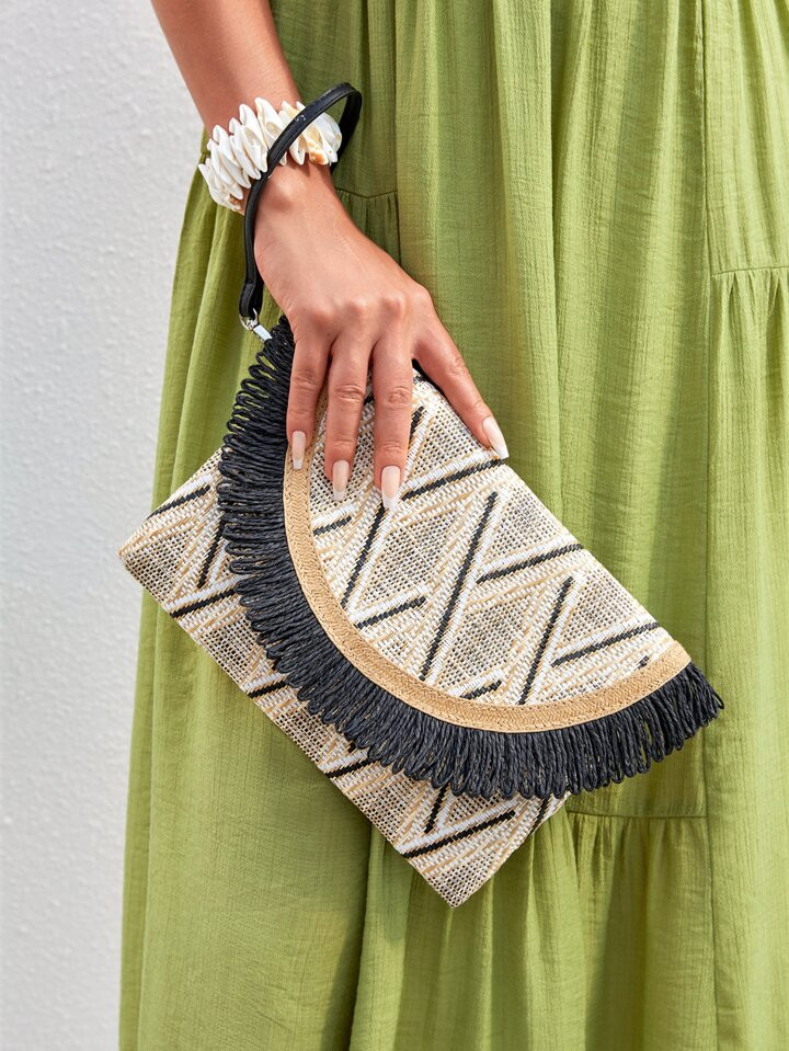 SHEIN VCAY Geometric Pattern Fringe Trim Straw Bag | SHEIN