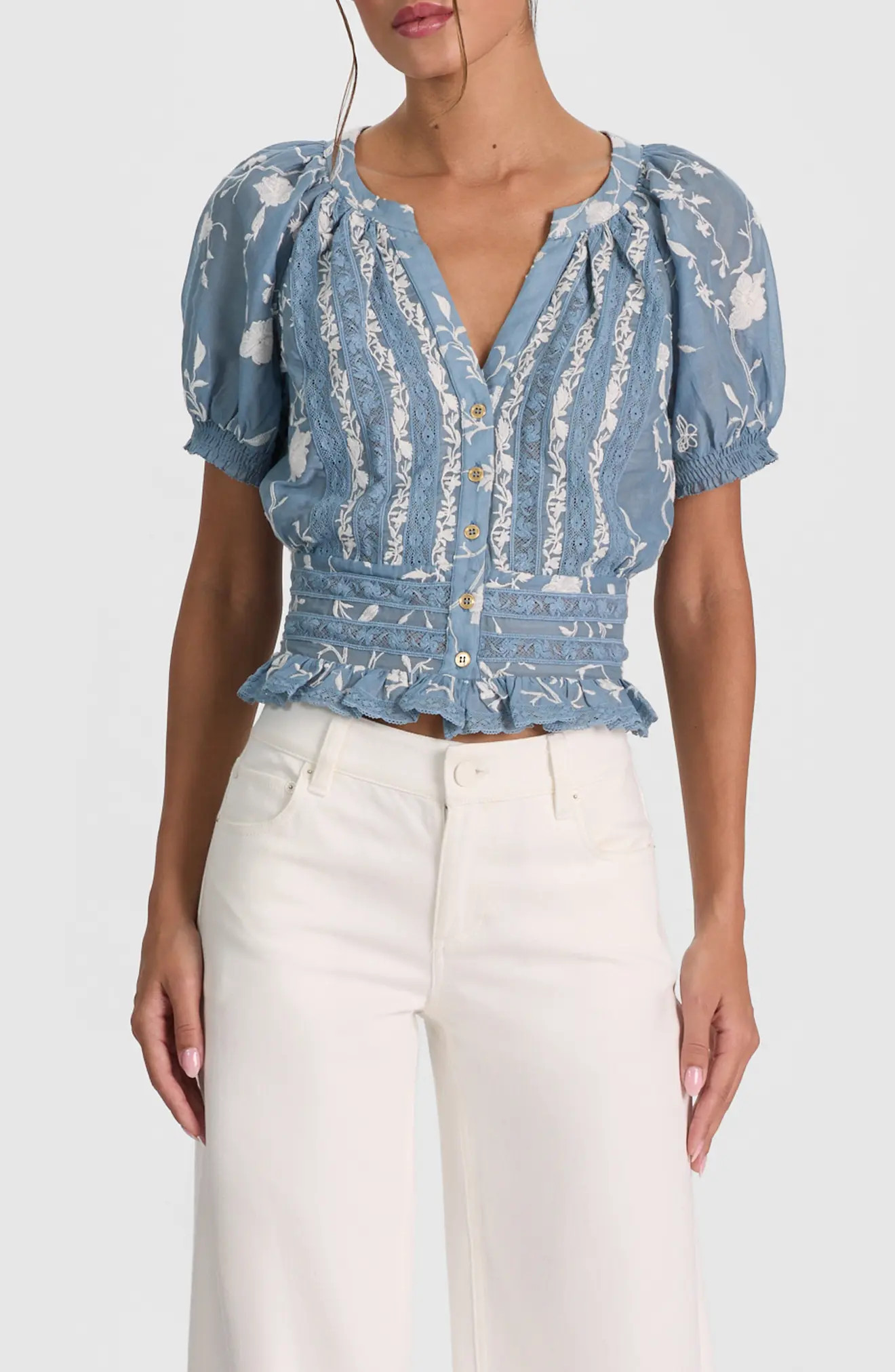 Alice + Olivia Kathryn Lace & Embroidered Crop Top in Deep Denim Blue/Off White at Nordstrom, Size Medium | Nordstrom