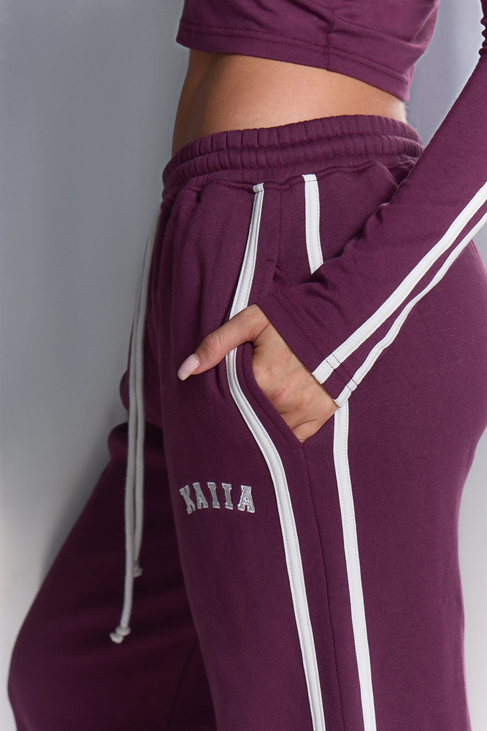 Kaiia Side Stripe Wide Leg Joggers Dark Plum & White | Kaiia the Label