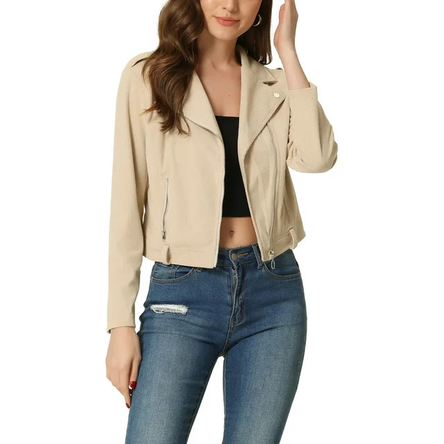 Allegra K Women's Corduroy Notched Lapel Zip Up Motorcycle Jacket - Walmart.com | Walmart (US)
