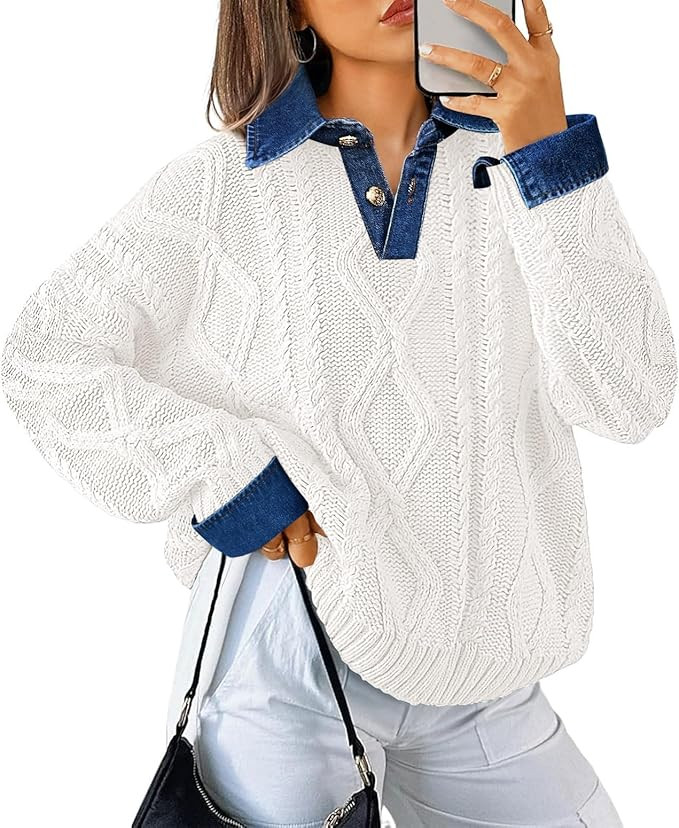 Soesdemo Womens Oversized Cable Knit Sweaters Chunky Long Sleeve Button Up Denim Polo Neck Knit P... | Amazon (US)