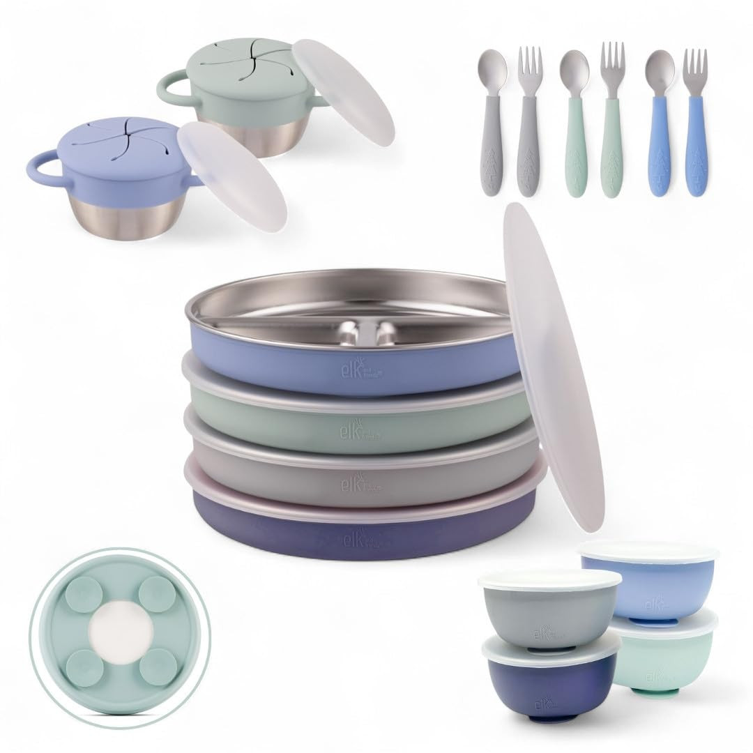Elk and Friends Kids Stainless Steel Mealtime Bundle | Plates, Bowls, Snack Cups + Toddler Utensi... | Amazon (US)