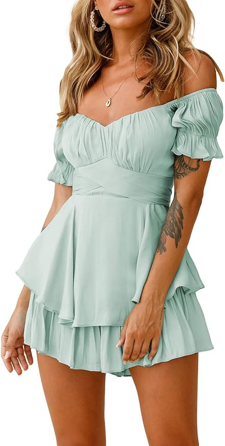 Fixmatti Women Boho Romper Off Shoulder Ruffle Chiffon Shorts Jumpsuit Playsuits | Amazon (US)