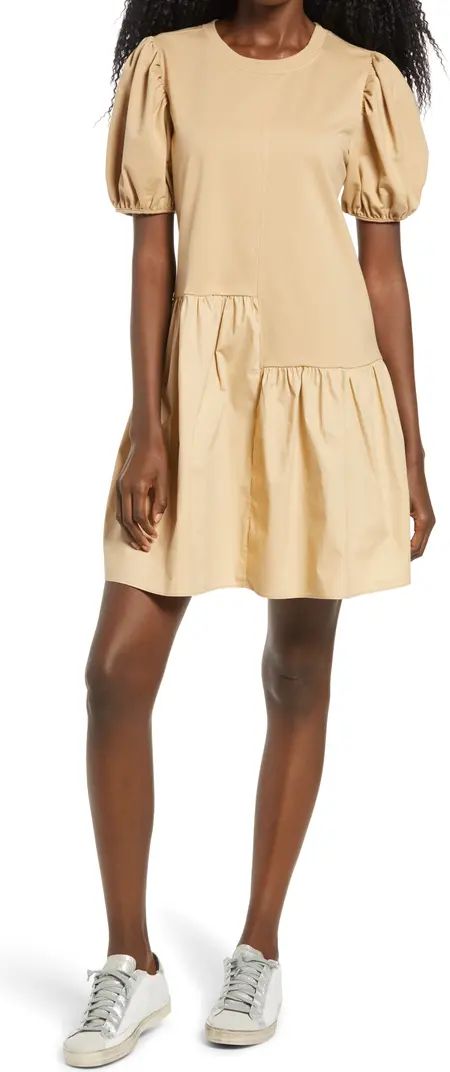 English Factory Puff Shoulder Mixed Media Minidress | Nordstrom | Nordstrom