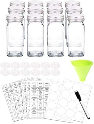 SWOMMOLY 12 Glass Spice Jars with 388 Spice Labels, Chalk Marker and Funnel Complete Set. 12 Squa... | Amazon (US)
