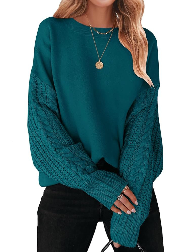 ZESICA Women's 2025 Fall Long Sleeve Crew Neck Solid Color Cable Knit Chunky Casual Oversized Pul... | Amazon (US)
