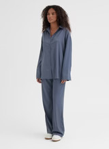 Blue Relaxed Geo Print Satin Shirt - Mimi | 4th & Reckless