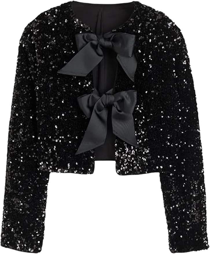Women Tie-Front Sequined Jacket Long Sleeve Sparkling Cropped Top with Bow Party Concert Night | Amazon (US)