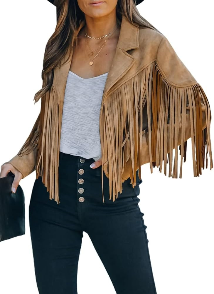 FARYSAYS Womens Cropped Fringe Faux Suede Leather Motorcycle Jackets | Amazon (US)
