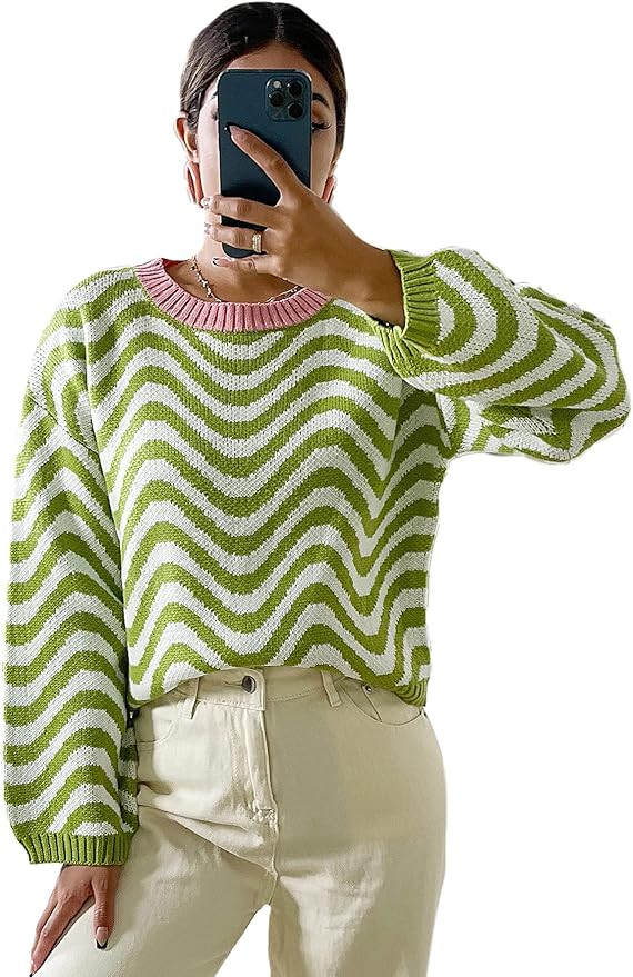 MakeMeChic Women's Long Sleeve Drop Shoulder Chevron Stripe Pullover Sweater | Amazon (US)
