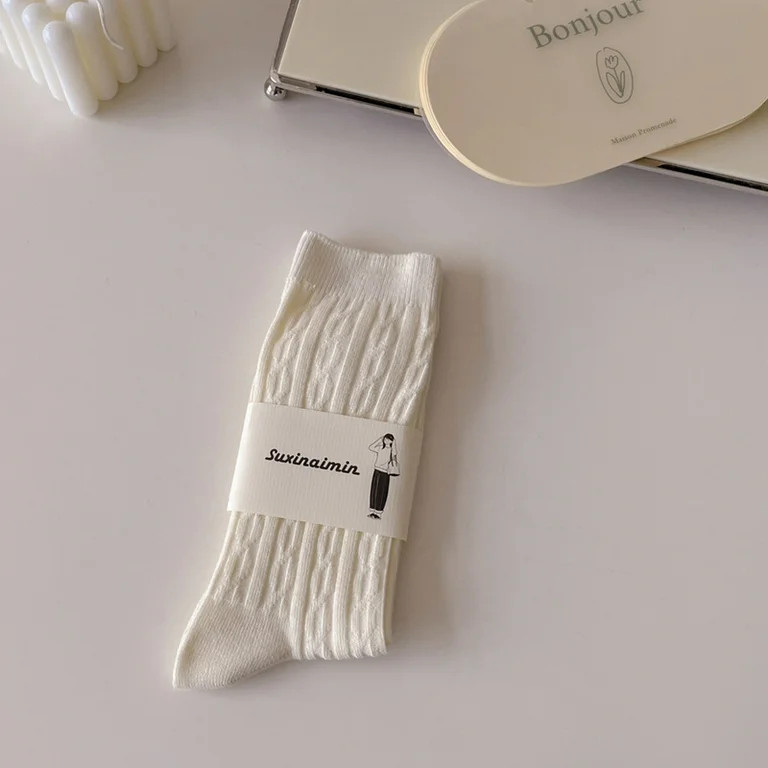 Women's socks autumn and winter sweat-absorbent cream color ins versatile vertical striped pile s... | Walmart (US)