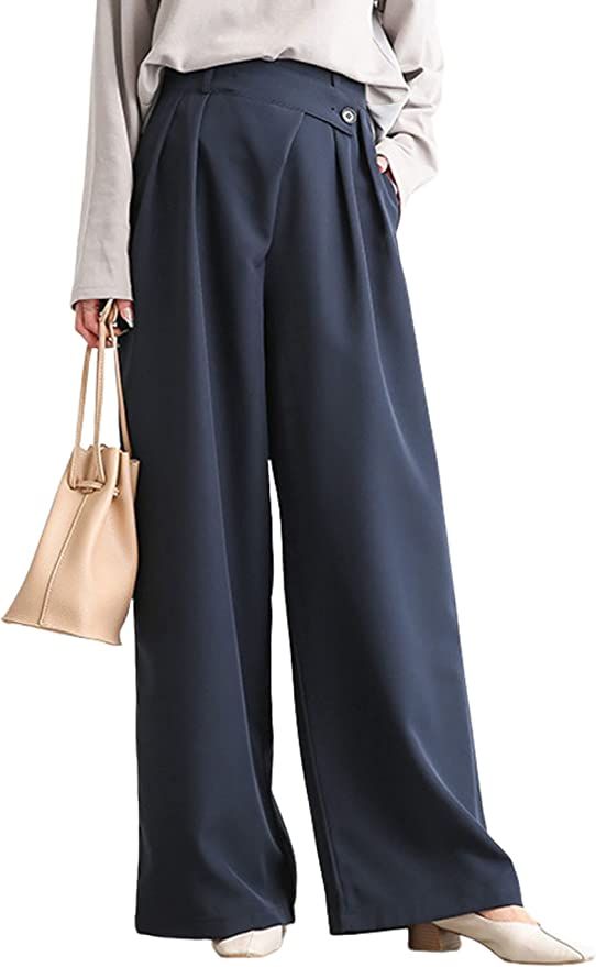Hooever Women's Wide Leg Work Pants Casual High Waisted Button Down Straight Long Trousers (Navy-... | Amazon (US)