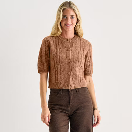a.n.a Womens Crew Neck Short Sleeve Button Cardigan, X-small, Brown | JCPenney