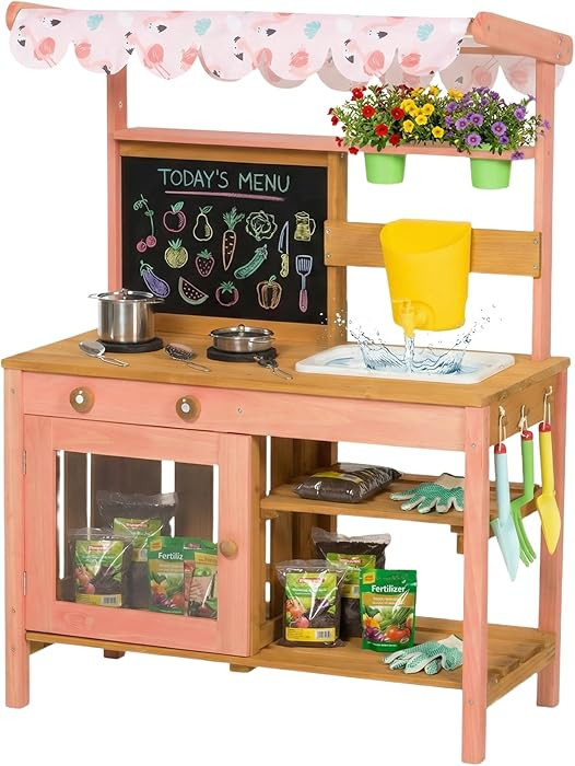 Qaba Kids Mud Kitchen with Canopy, Wooden Outdoor Play Kitchen with Planter Box, Chalkboard, Sink... | Amazon (US)