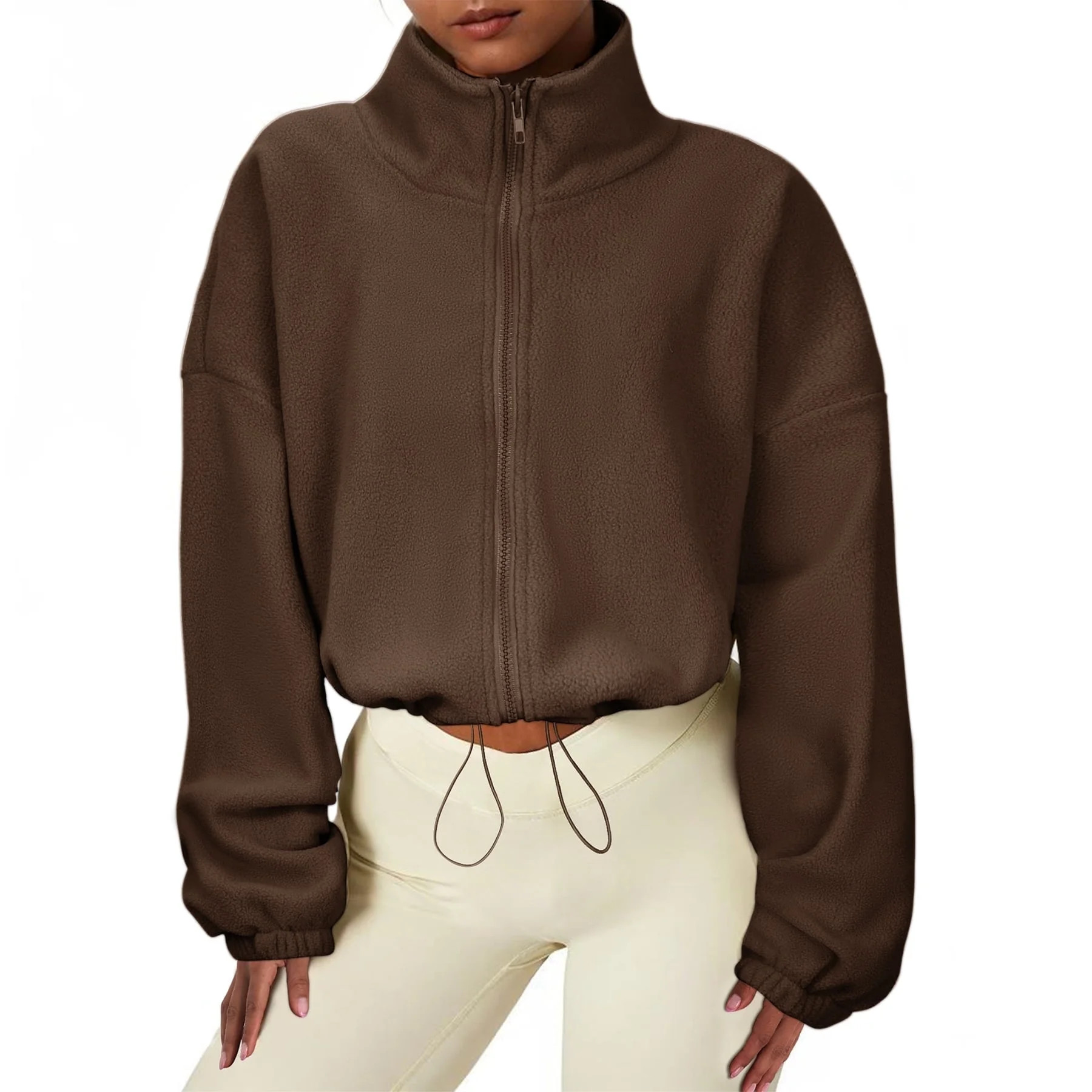 Zando Women's Fleece Jacket Full Zip Stand Collar Short Jacket with Pockets Drawstring Hem Coffee... | Walmart (US)