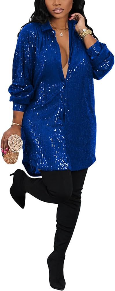 Women's Sequin Shirt Dress Button Down Long Sleeve Loose Fit Blouse Top Mini Dress Clubwear | Amazon (US)