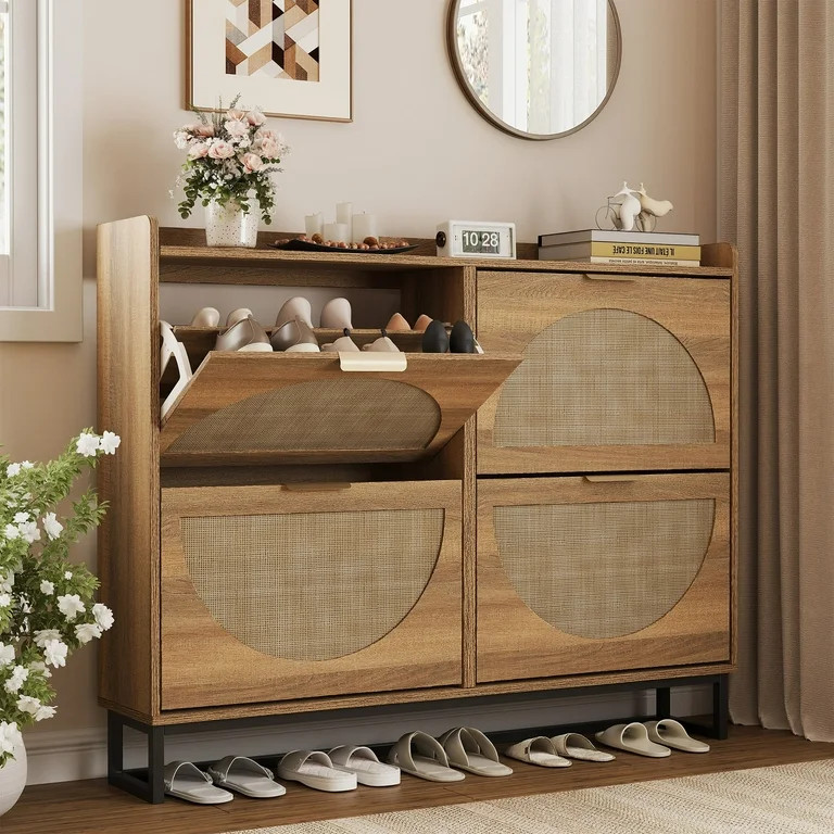 VEANERWOOD Rattan Shoe Cabinet with 4 Flip Drawers, Modern 40 Pair Shoe Storage Cabinet for Entry... | Walmart (US)