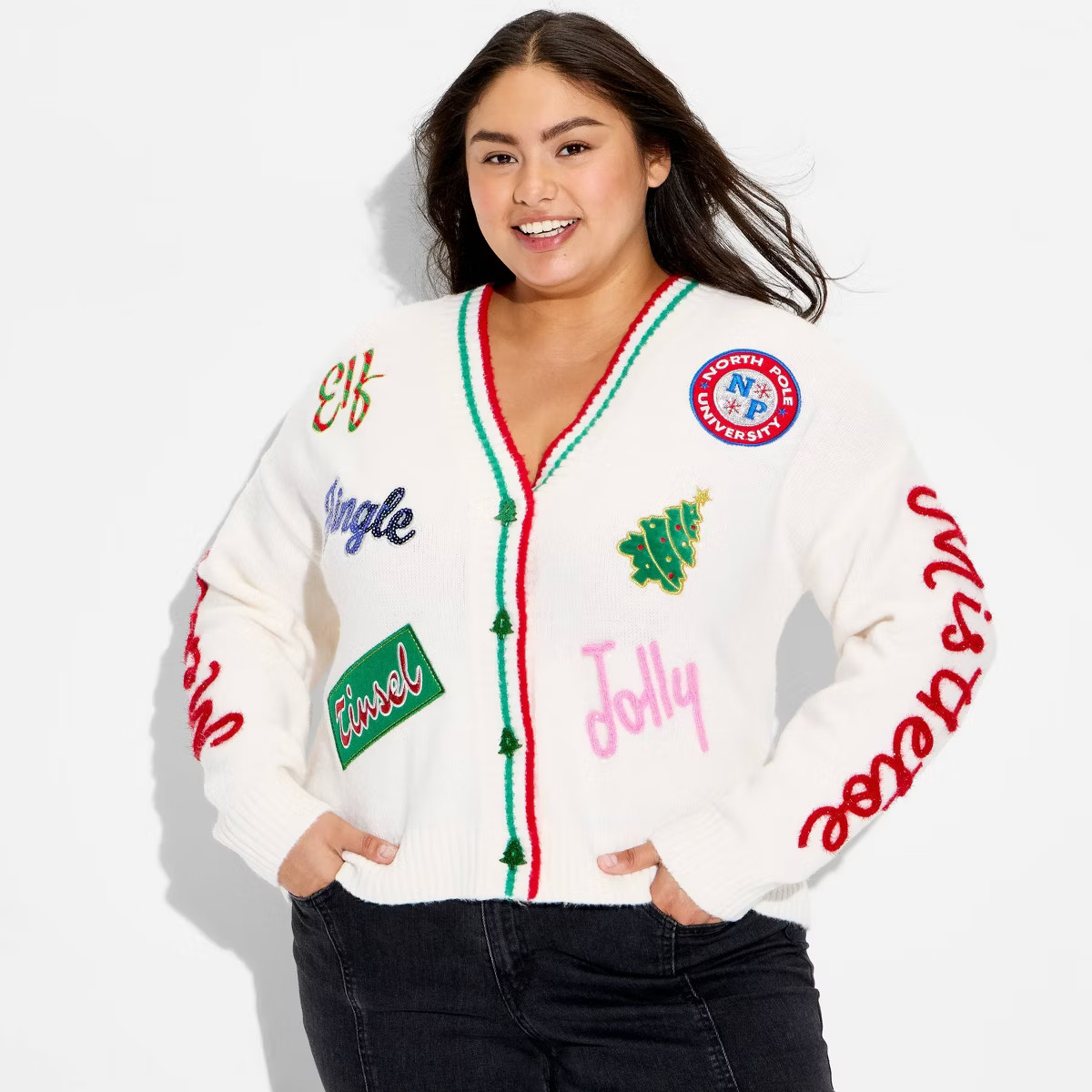 Women's Holiday Patchwork Festive Graphic Cardigan - Cream | Target