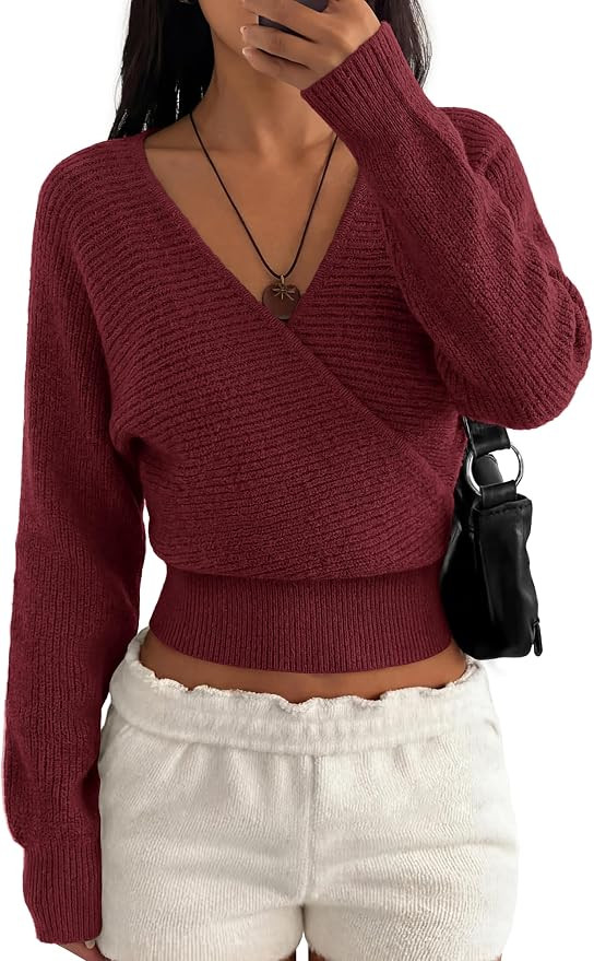 BTFBM Wrap Cross Ribbed Knit Cropped Sweaters for Women 2026 | V Neck Cozy Sweater With Safe Snap... | Amazon (US)