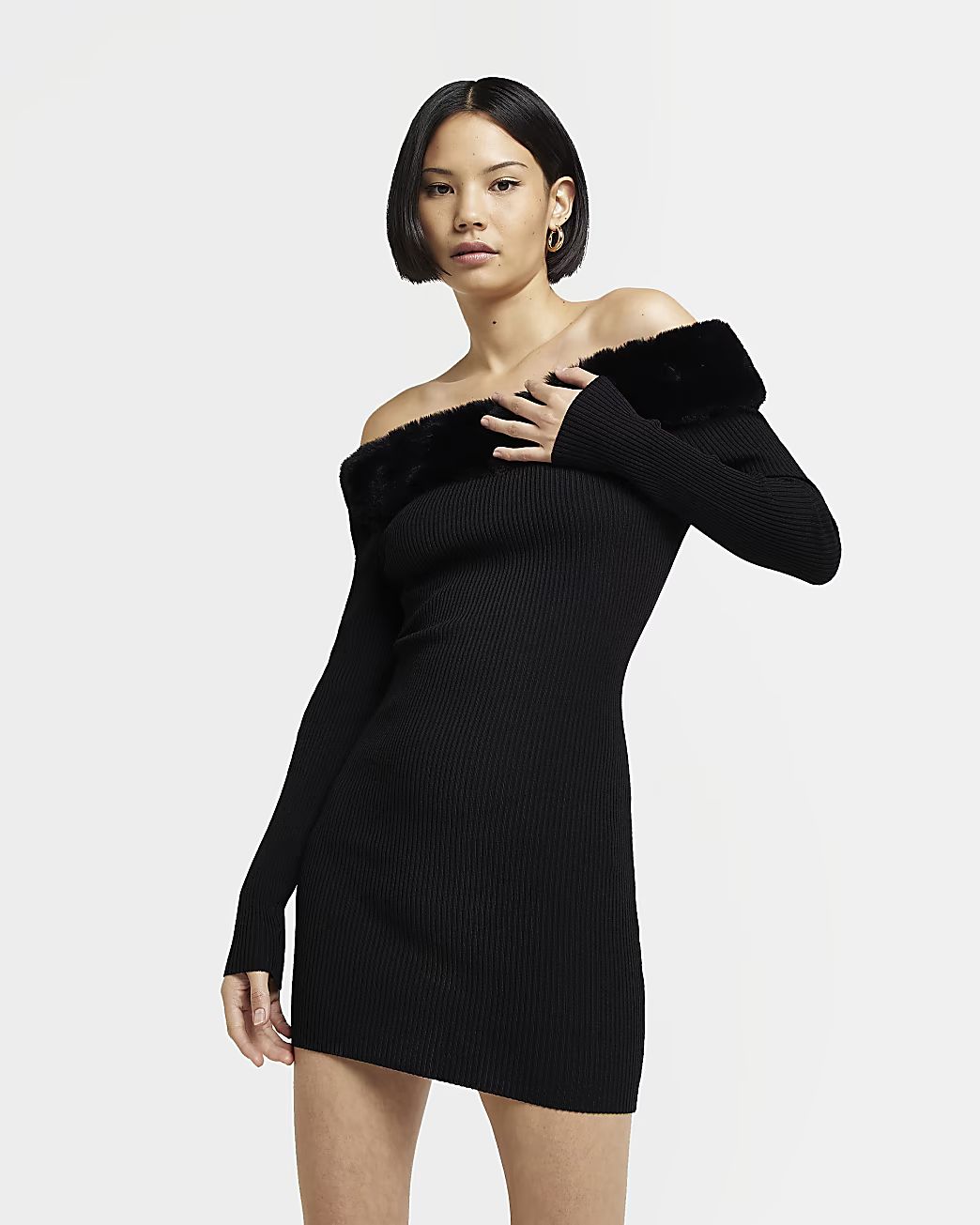 Black knit faux fur trim bodycon mini dress | River Island (UK & IE)