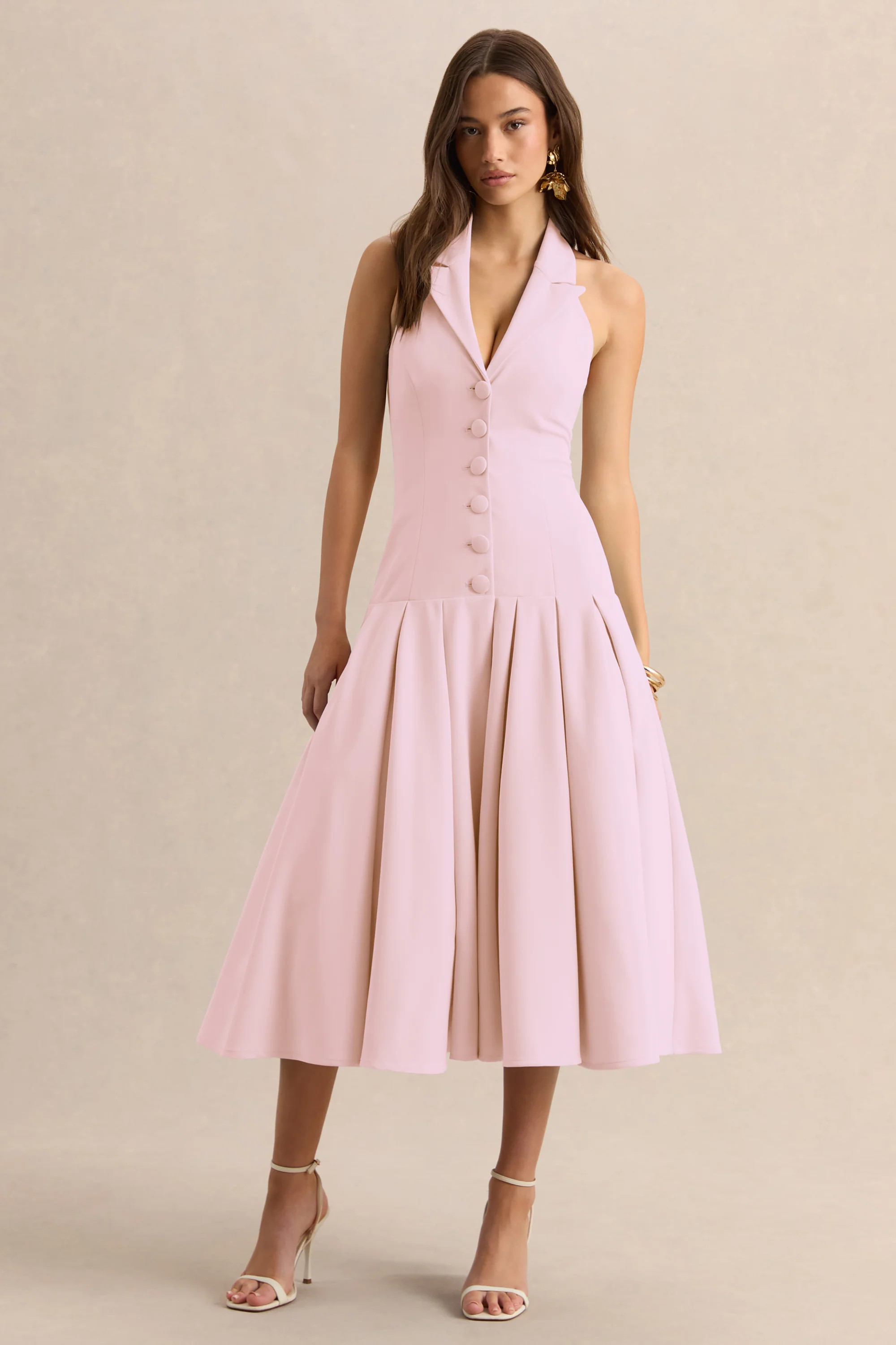 Elise | Light Pink Plunge-Neck Midi Dress With Drop-Waist | Club L London