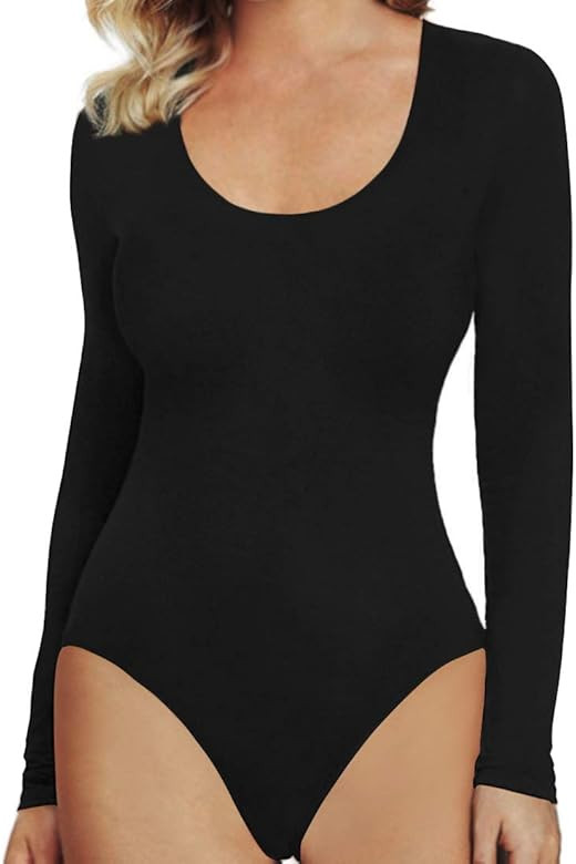 Women's Scoop Neck Long Sleeve Stretchy Basic Bodysuit Jumpsuits | Amazon (US)
