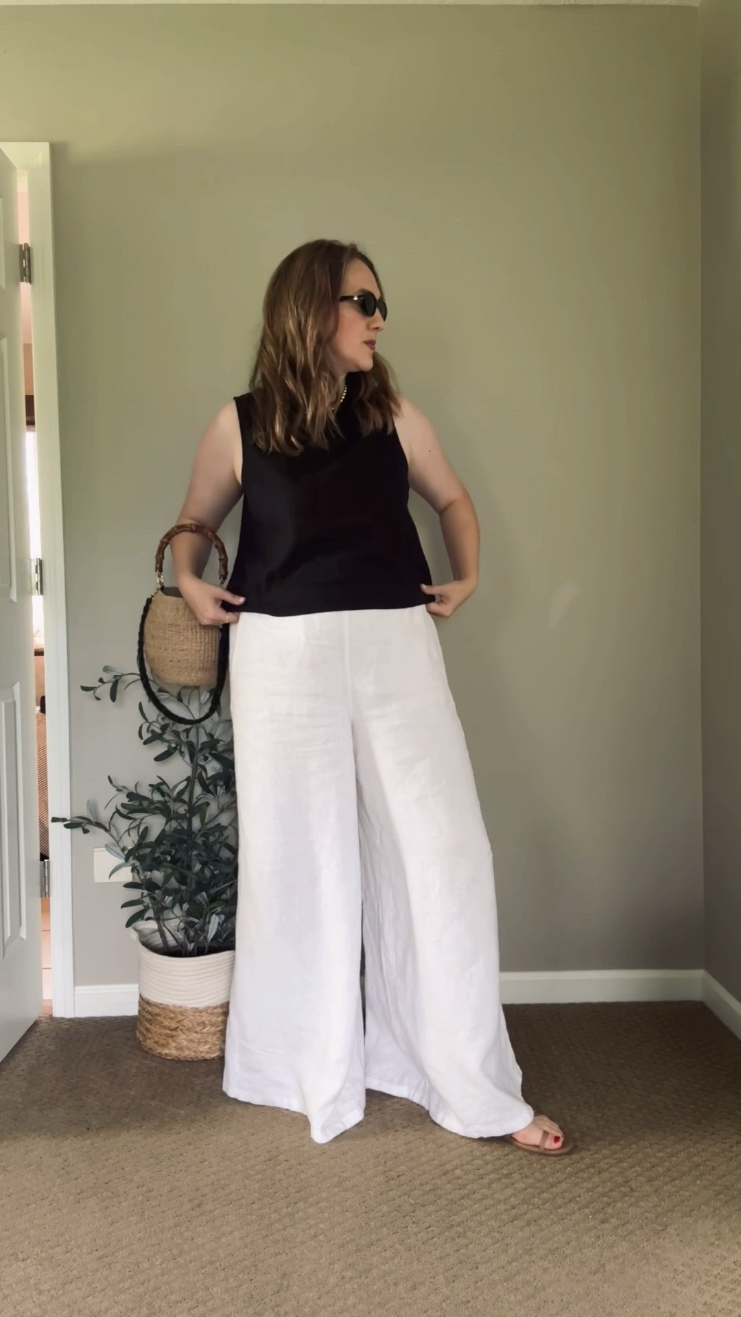 OOTD 
Linen tank- Gap - tts (tall) 
Linen pants- Landsend- tts (tall) if between sizes go with your smaller size 
Sandals- Tkees - tts 
Bag- Clare V 
Sunnies- Target 
Makeup- Merit

#LTKootd #LTKgrwm #LTKSeasonal