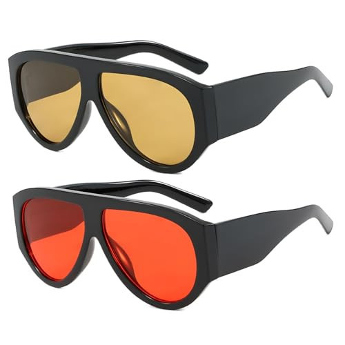 ADE WU Trendy Aviator Sunglasses for Women Men Retro Vintage Fashion Luxury Thick Oversized Pilot Sun Glasses,2 Packs:Black/Red & Light Brown Lense | Amazon (US)