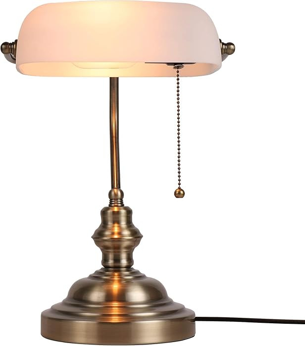 Newrays Glass Bankers Desk Lamp with Pull Chain Switch Plug in Fixture,Satin Brass Finish (White) | Amazon (US)