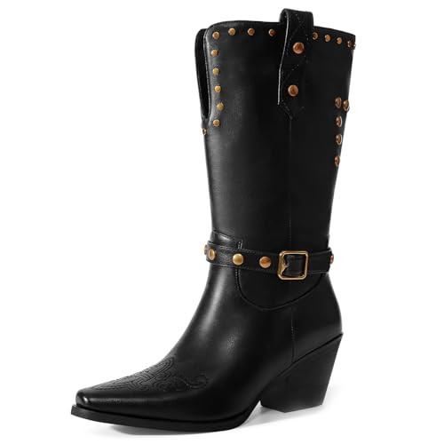 Womens Cowboy Cowgirl Boots Wide Mid Calf Square Toe Riding Boots Block Chunky Heel Low Heel Dist... | Amazon (US)