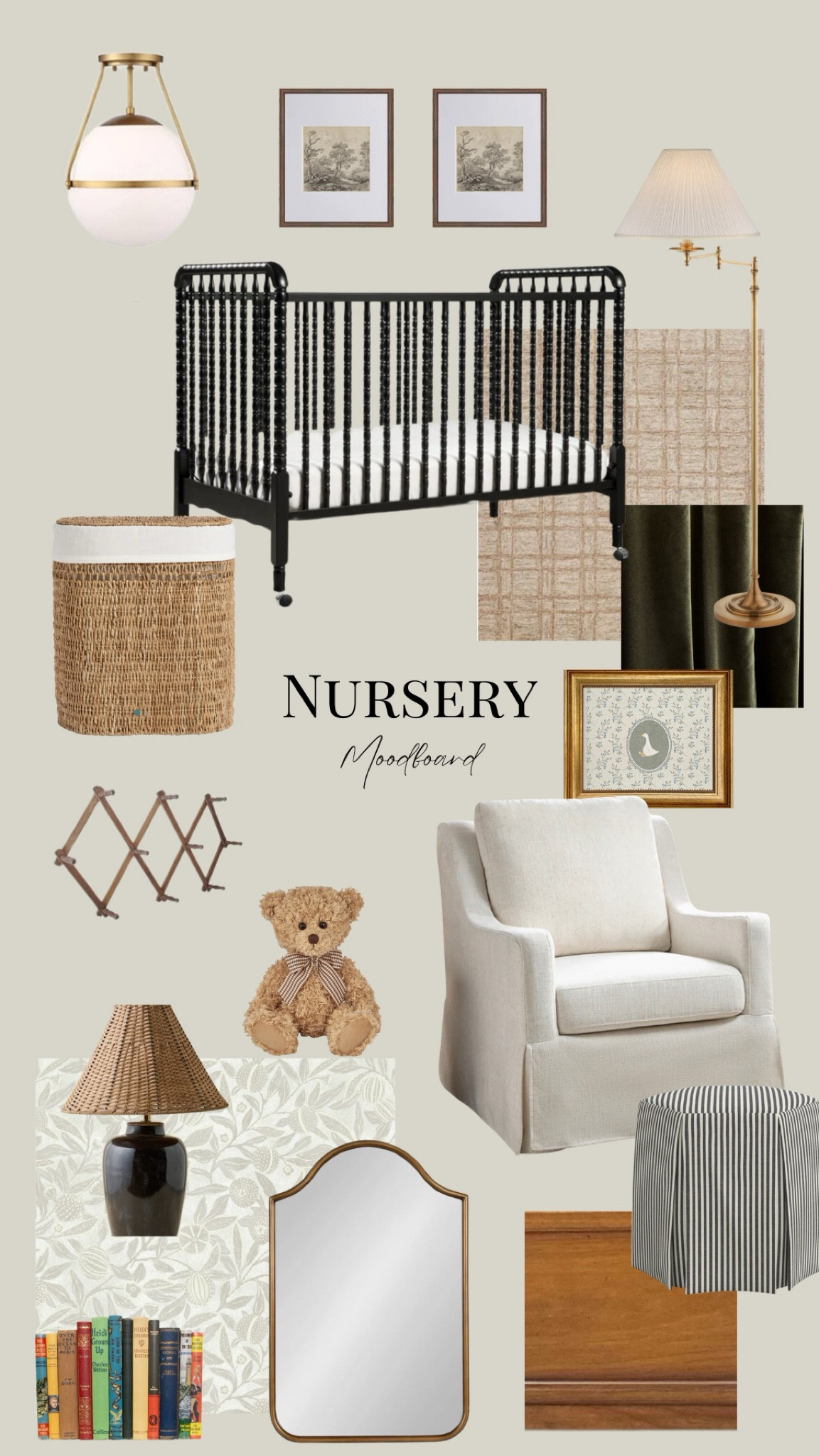 Baby Boy’s Nursery Moodboard! 

Glider is from Hulala home. 
Vintage inspired nursery, spindle crib, wallpaper

#LTKHome #LTKBaby #LTKStyleTip