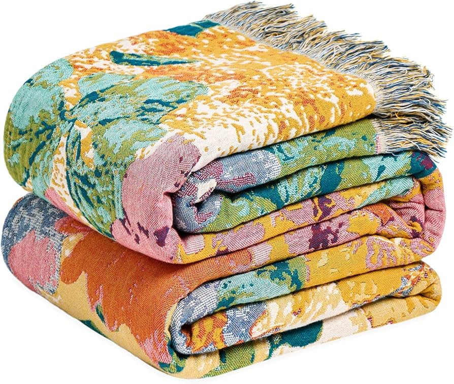 MSGKV Boho Throw Blanket for Bed 60"x80" Cotton Couch Blankets Floral Twin Size Spring Breathable... | Amazon (US)
