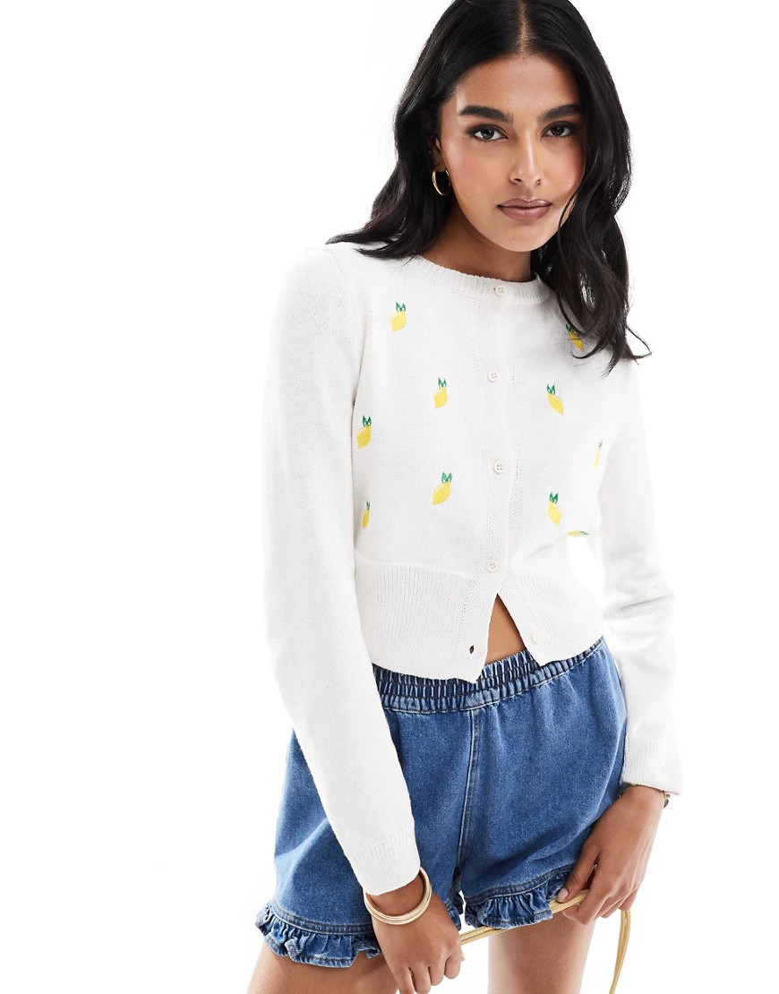 ASOS DESIGN neat fit cardigan with lemon embroidery in ivory-White | ASOS (Global)