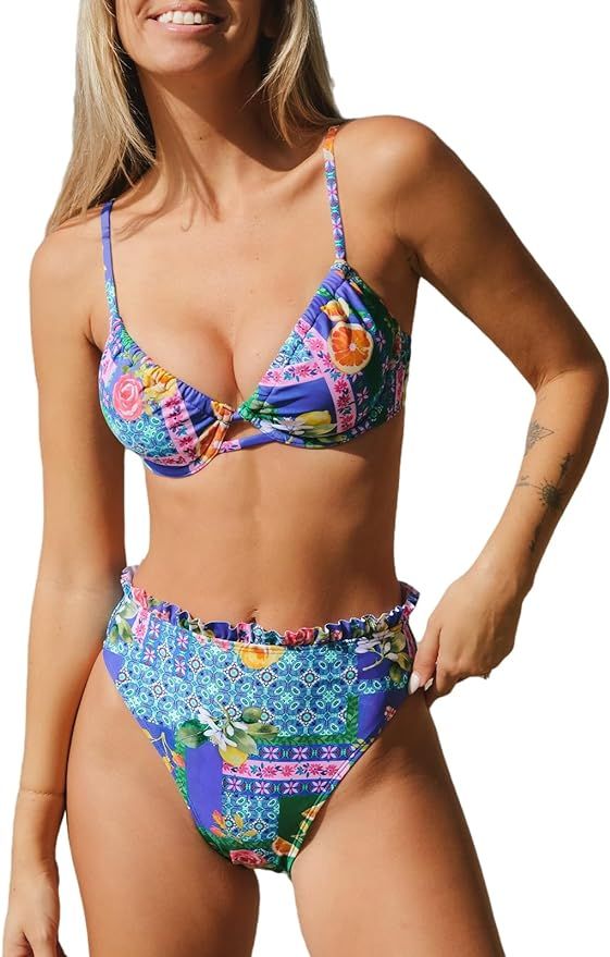CUPSHE Women Swimsuit Bikini Set High Waisted Push Up Cheeky Drawstring Two Piece Bathing Suit | Amazon (US)