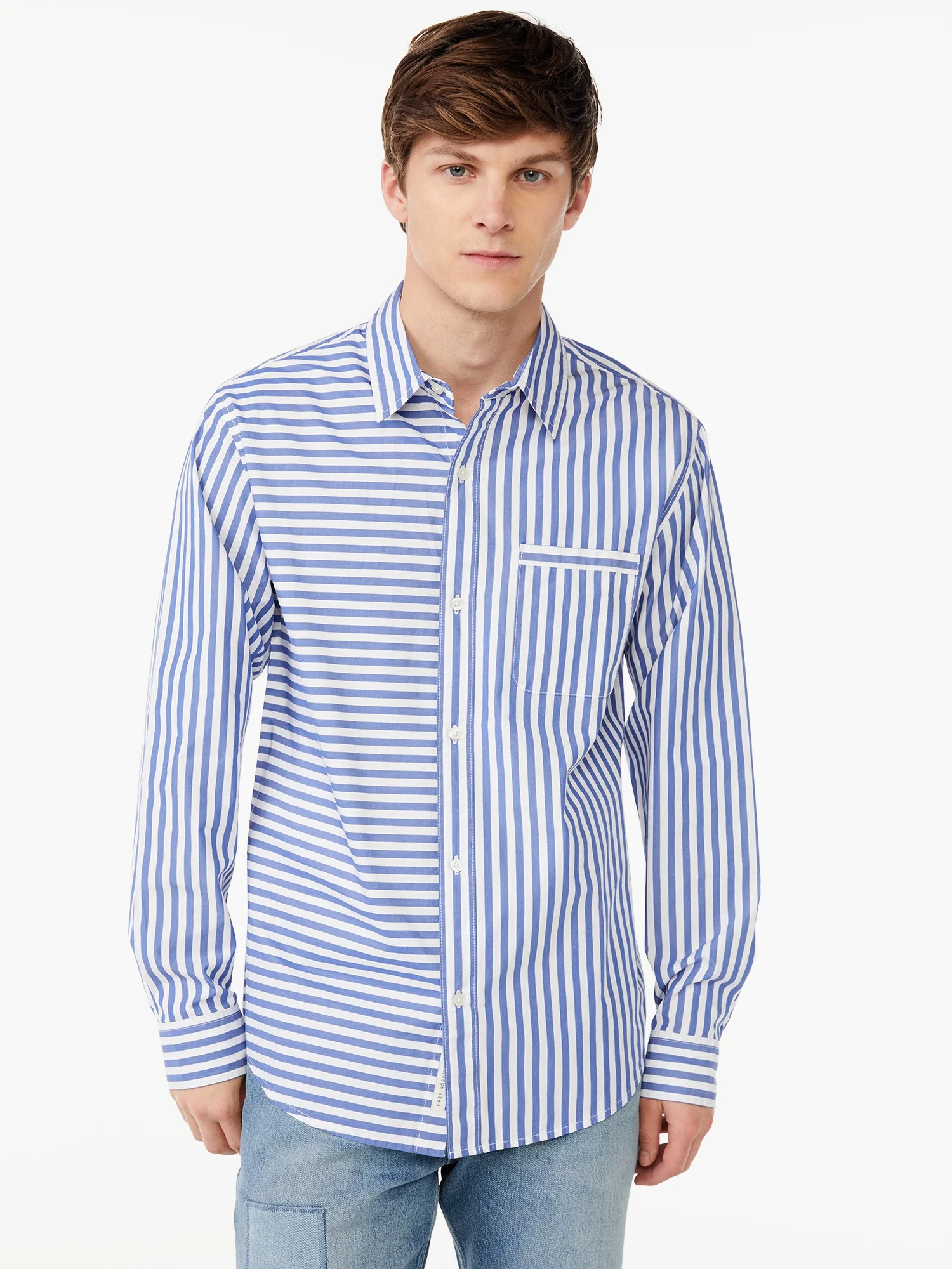 Free Assembly Men's Stripe Poplin Shirt with Long Sleeves | Walmart (US)